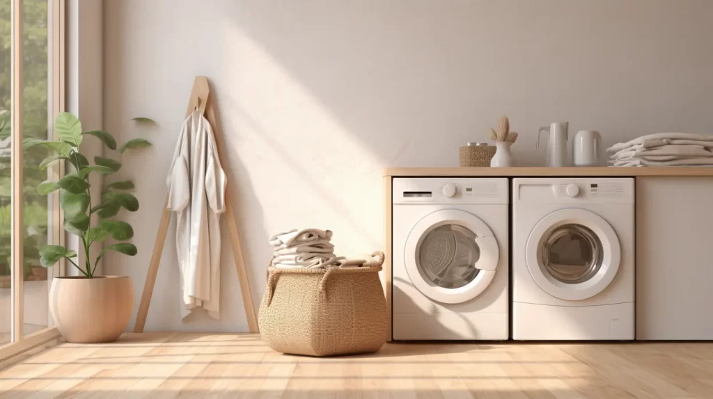 A laundry room setting with a washer dryer and clothes basket