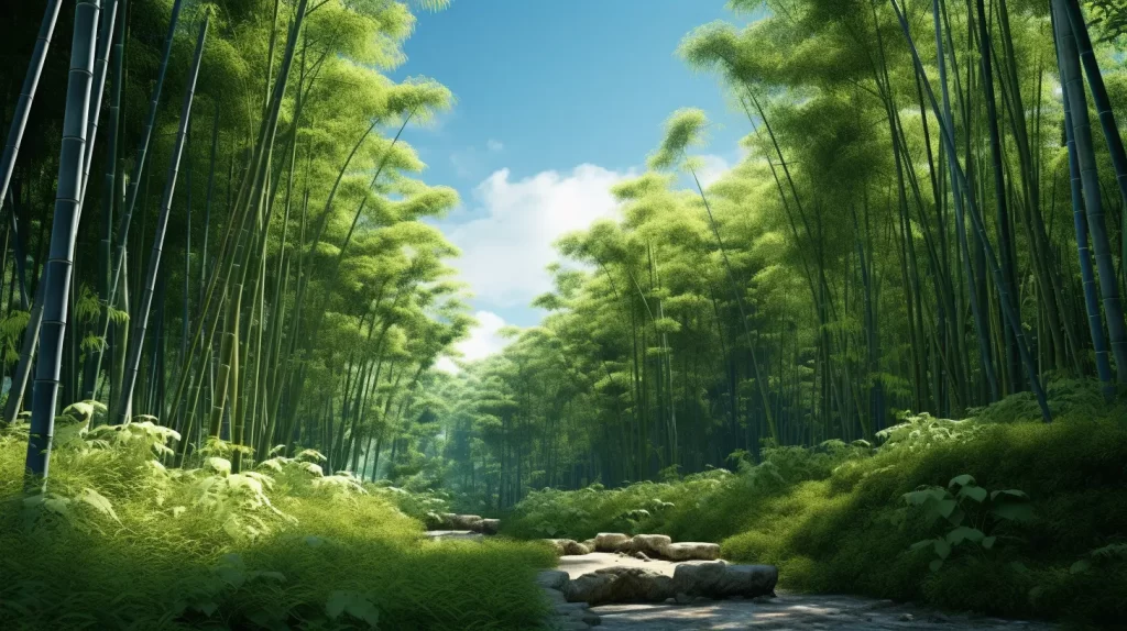 A peaceful scene of a lush bamboo forest with a clear blue sky, reflecting its ecofriendly and sustainable qualities