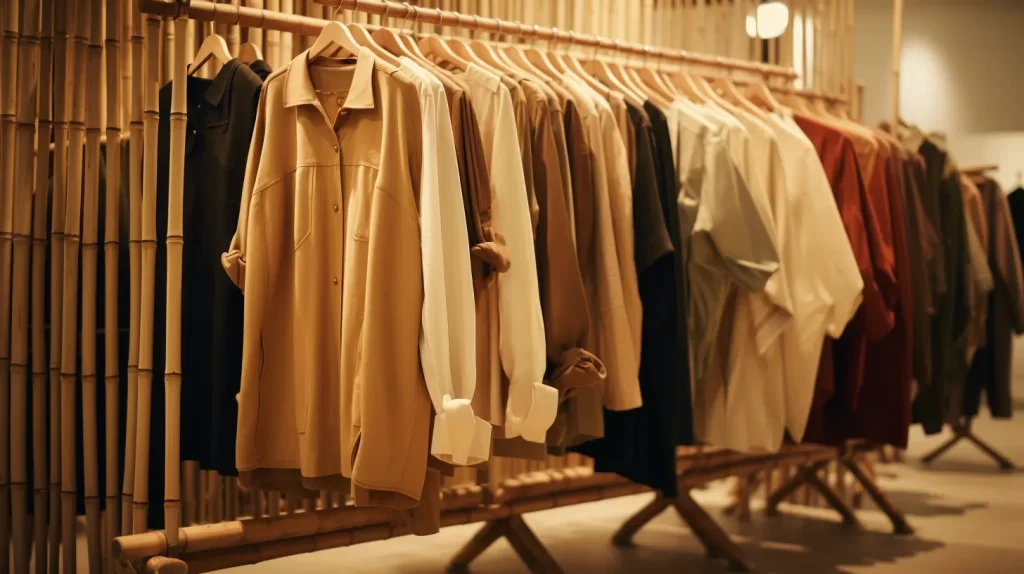 A rack of clothes made out of bamboo Lyocell in the backroom of a fashion show