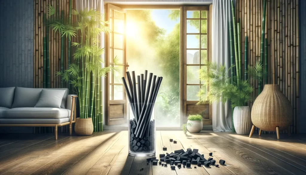 A room with lush bamboo plants, open windows, sunlight, a clear vase of bamboo charcoal sticks, and a noticeable difference in the air clarity