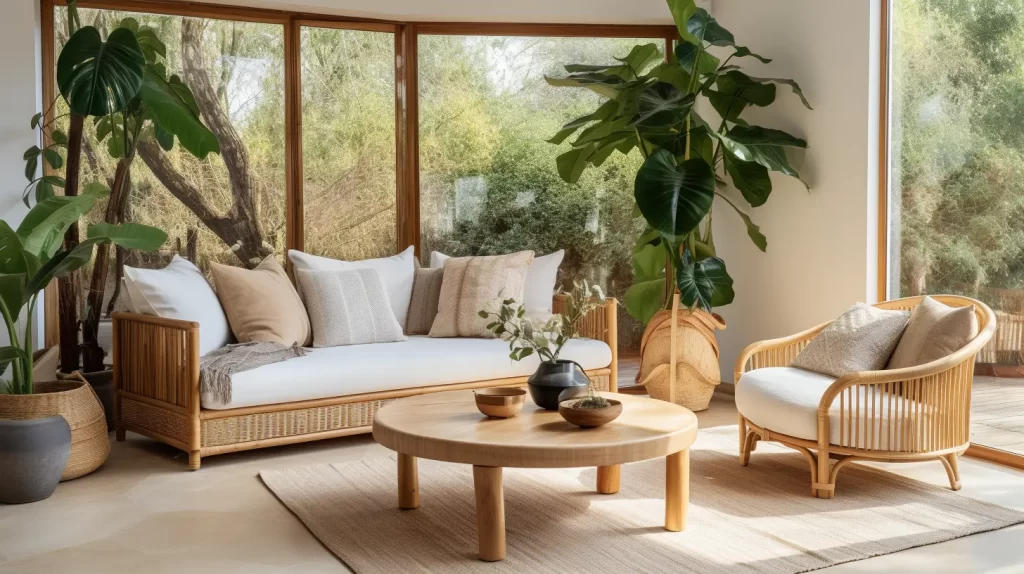 A well lit living area with bamboo furniture including a bamboo couch bamboo chair and bamboo table