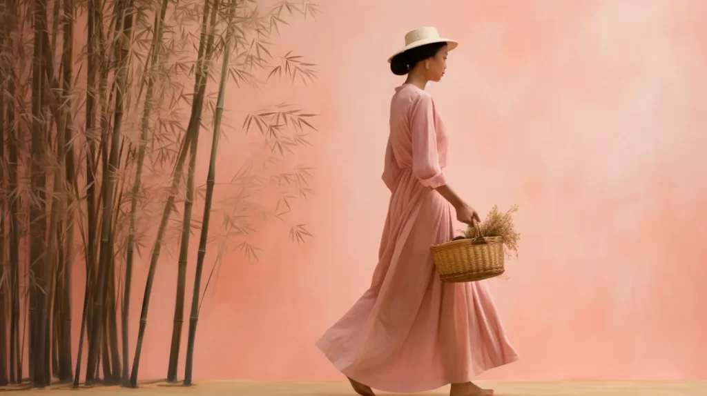 A woman in a pink flowy dress carrying a basket with bamboo in the background