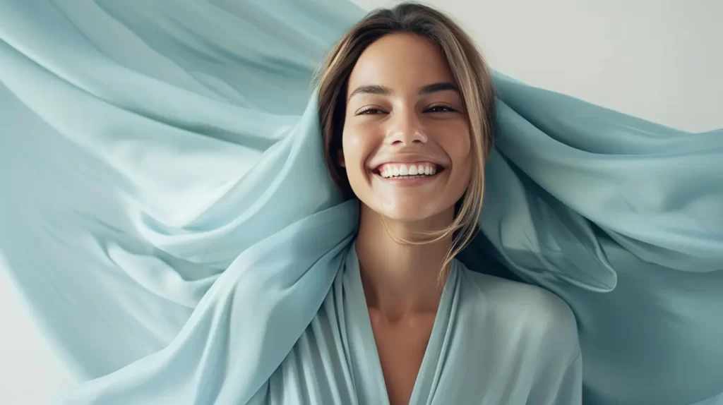 A woman wearing a bamboo viscose shirt looking very happy and blue bamboo viscose draped over the top of her