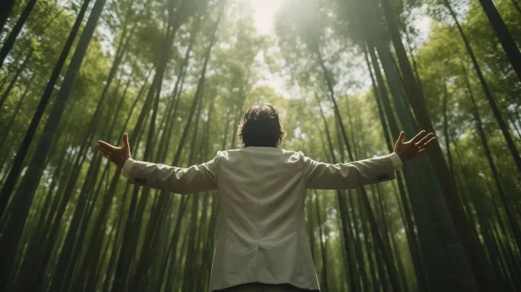 Image of a person in a light colored suit standing among tall bamboo trees, arms outstretched, looking up in awe
