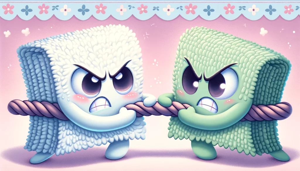 Two cartoon washcloths playing a tug of war