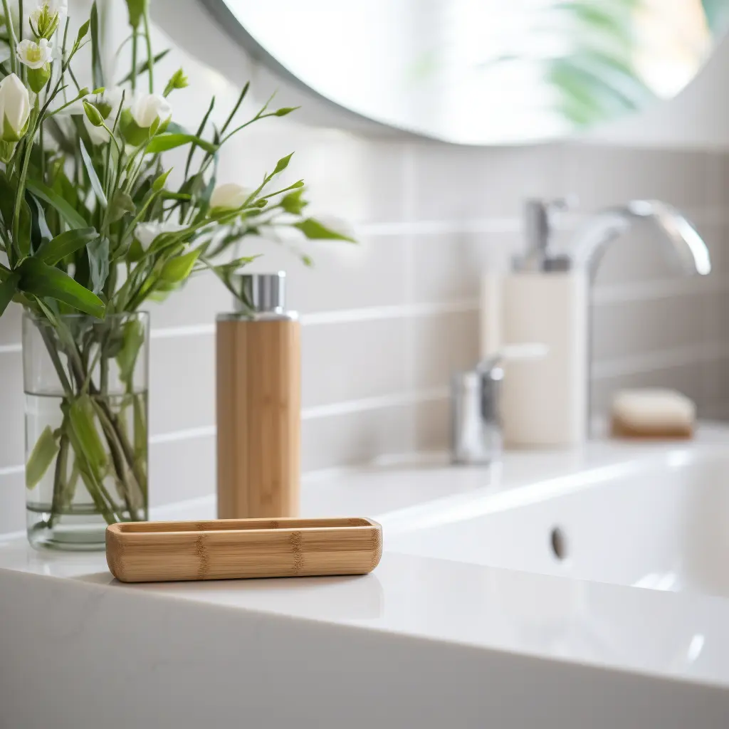 bamboo products sitting on a bathroom sink