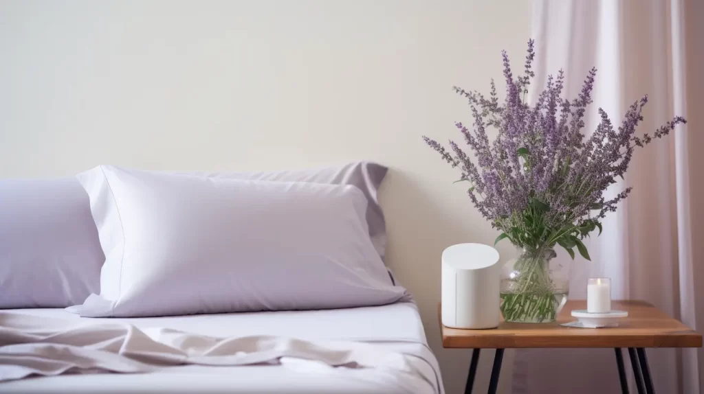 a fresh bedroom setting with the sheets loosely turned down with a large vase of lavender on the side table and a candle