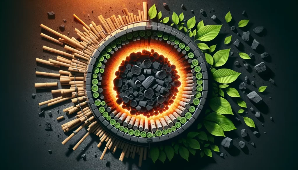 a graphic depiction of dried bamboo stalks, leaves, and bamboo charcoal oriented in a circle pattern with charcoal burning in the center