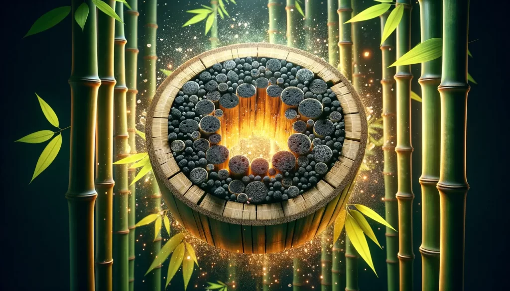 a graphic representation of bamboo burning from the inside and being converted to bamboo charcoal
