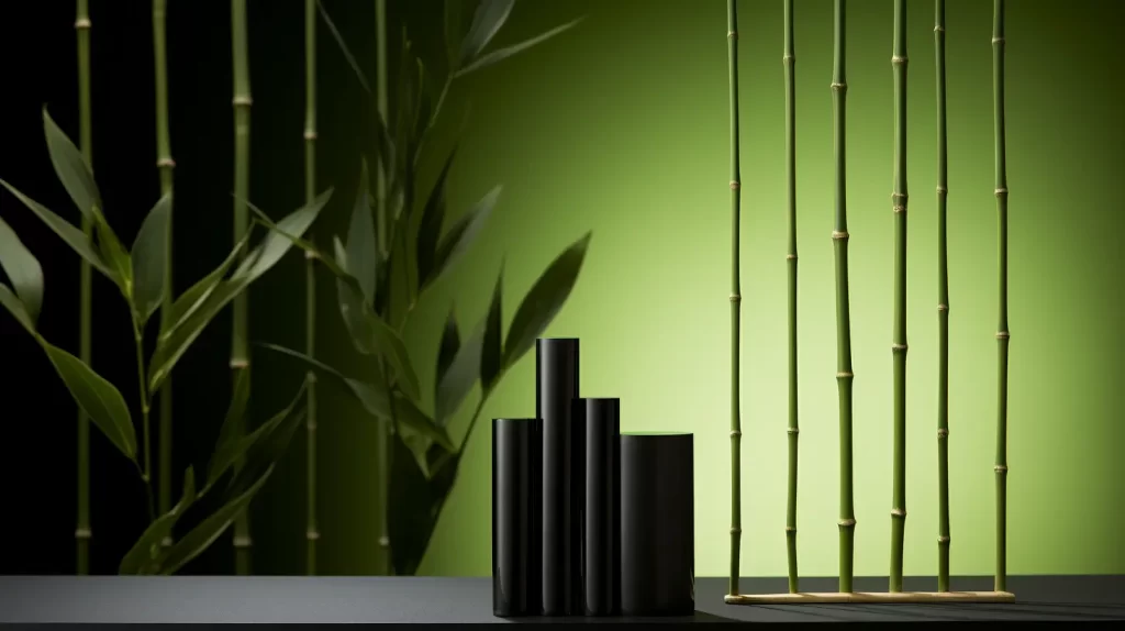 a minimalist room with black bamboo decor on a table with bamboo growing in the background and out of a strip of bamboo on the table