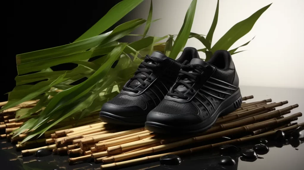 a pair of tennis shoes sitting on and alongside bamboo for its deodorizing capabilities