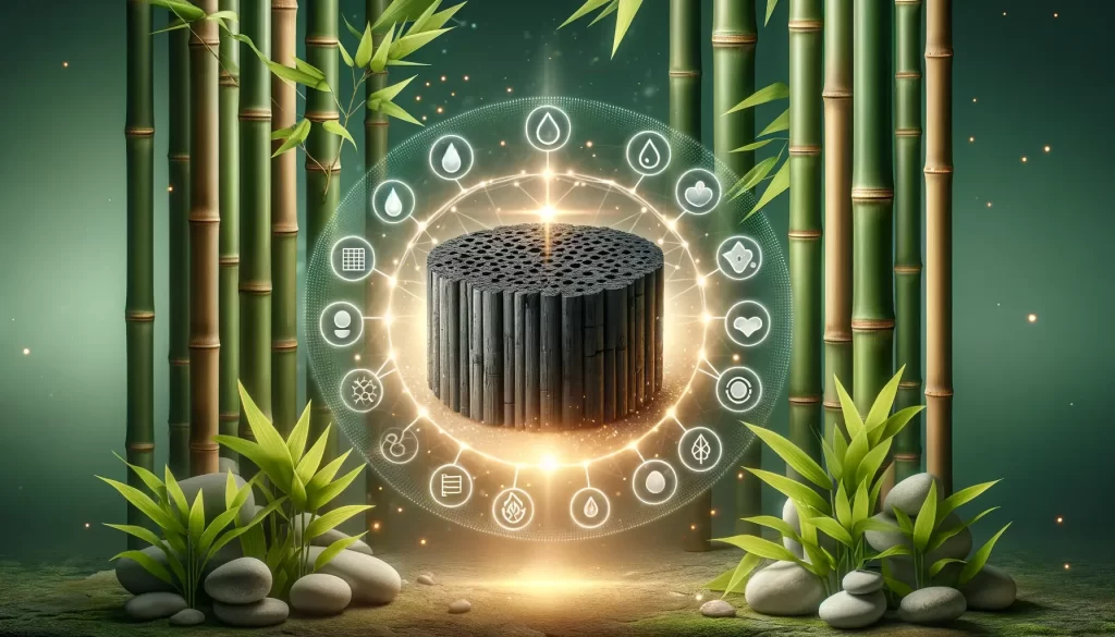 a porous bamboo charcoal piece with a radiant glow at the center It is surrounded by lush bamboo plants representing what is activated bamboo charcoal