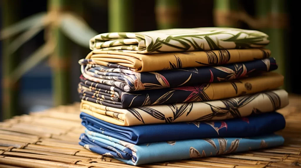 a stack of patterned bamboo fabric sitting on a bamboo table with bamboo stalks in the background