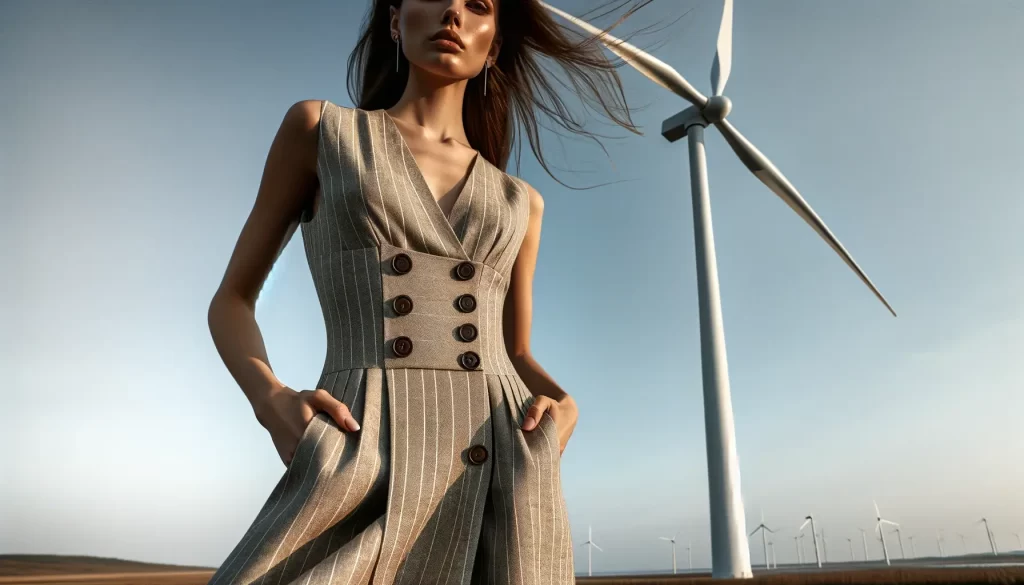 a stylish woman wearing bamboo clothing in front of a windmill farm