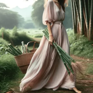a woman in a pink flowy bamboo viscose dress carrying bamboo with a grove in the background