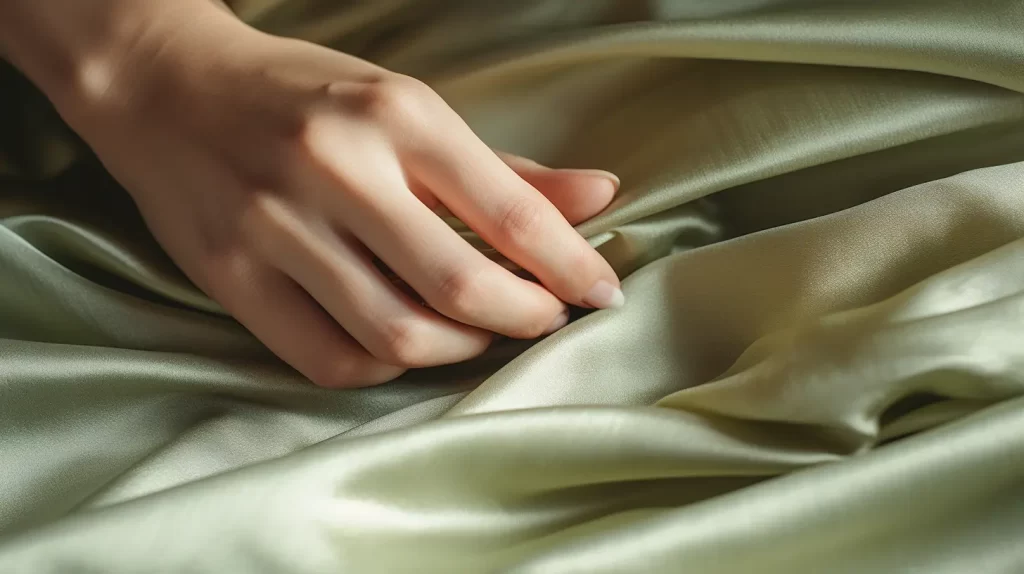 a womans hand feeling the sheen and texture of a piece of light green cloth