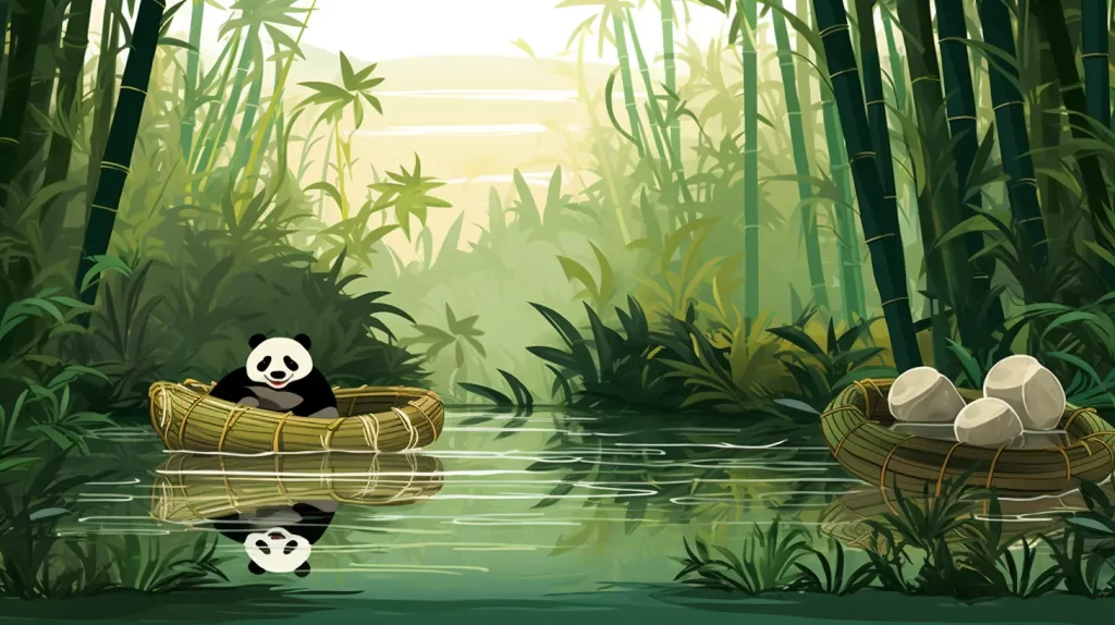 an illustration of a panda floating in a bamboo basket within the water inside of a bamboo grove
