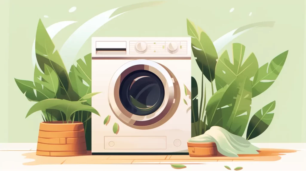 an illustration of a washing machine with large leaved plants growing out of pots along side - learn to wash bamboo sheets