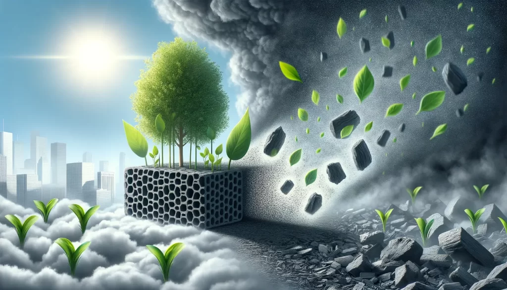 an illustration of bamboo cleaning the air - there is bamboo charcoal and bamboo leaves floating in the air with a bunch of bamboo growing out of a very porous material