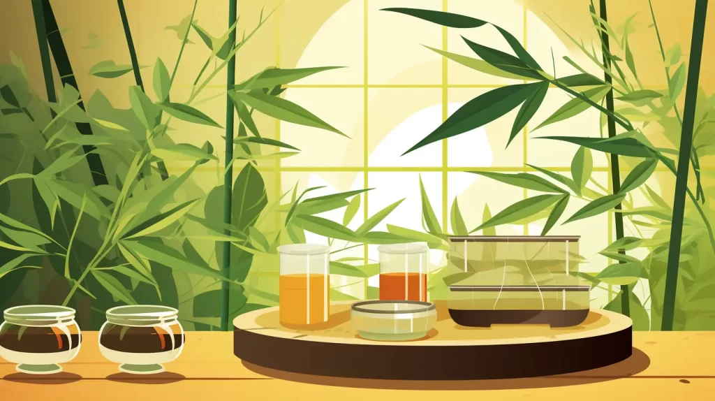 an illustration of science equipment on a table with bamboo in the background