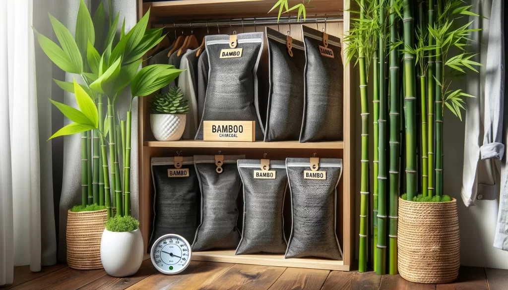 an image of bamboo charcoal pouches in a wardrobe with visible freshness waves and a hygrometer showing optimal humidity surrounded by lush bamboo plants