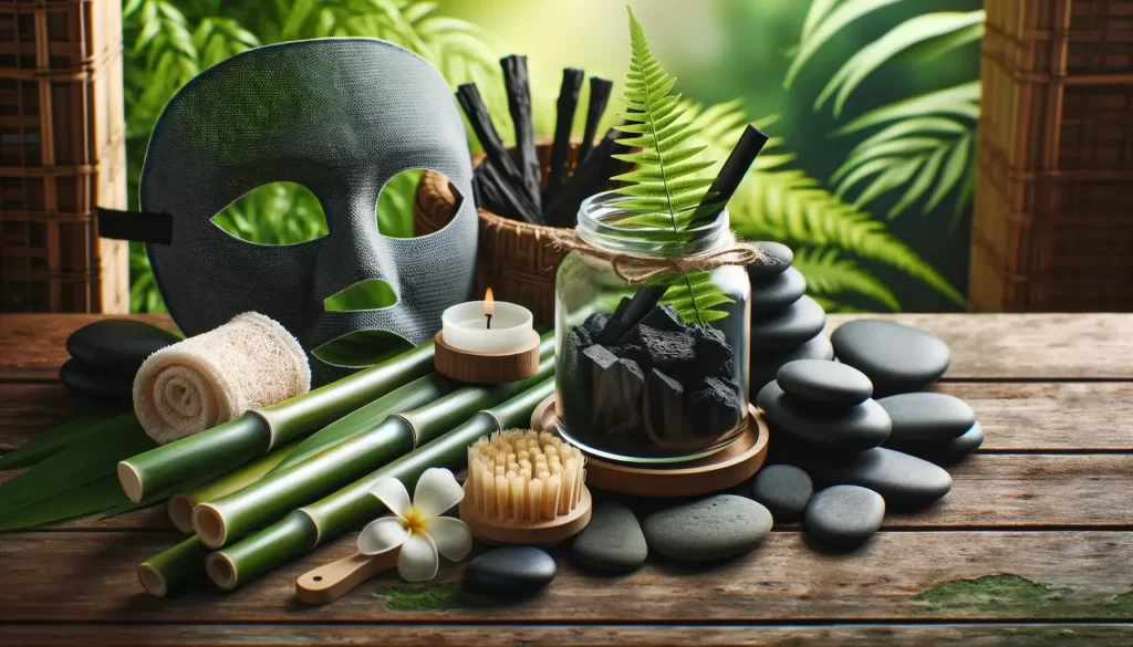 an image of bamboo stalks beside charcoal pieces a facial mask jar a loofah and a serene spa-like background with natural stones and soft green foliage