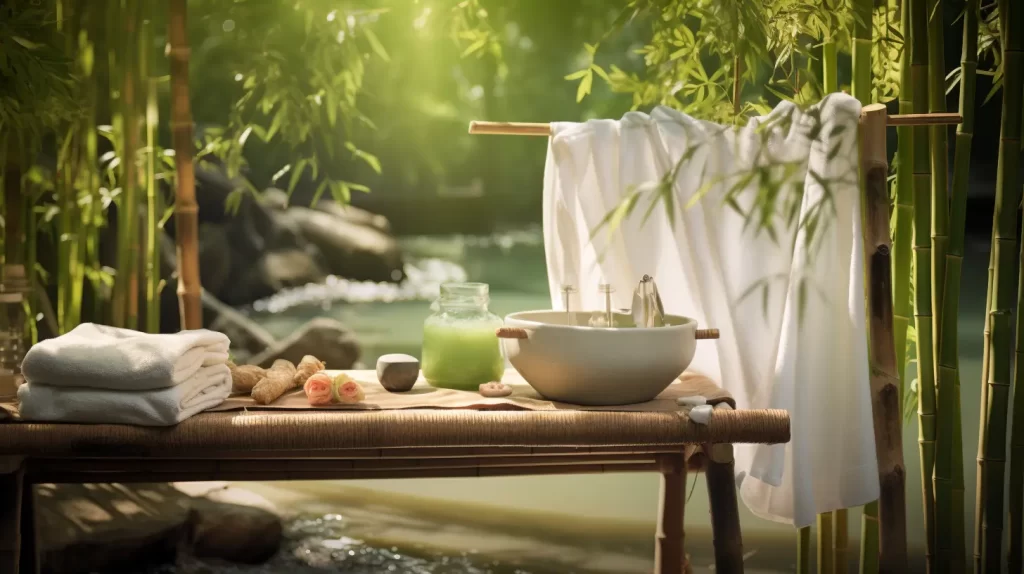 an outdoor setting along side a water scene with a bamboo table and bamboo linens hanging from a pole to dry