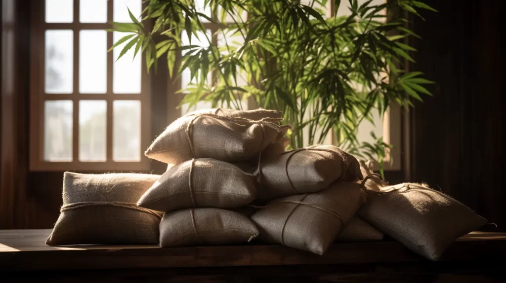 bags of bamboo charcoal sitting in the sunlight in front of a window with bamboo plants in the background. Benefits of Bamboo Charcoal