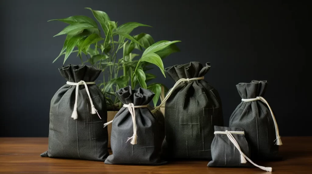 bags of bamboo charcoal with a bamboo plant in the background