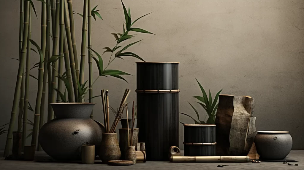 bamboo and various darker pottery and containers made of bamboo with chips of bamboo charcoal sitting in the forground