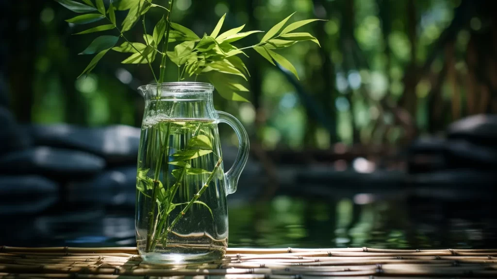 bamboo growing out of a pitcher of water