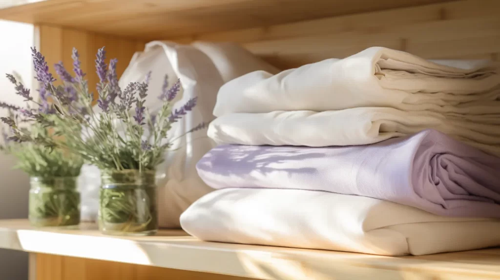 bamboo lycocell sheets stacked on a shelf with lavender sprigs in a jar along side