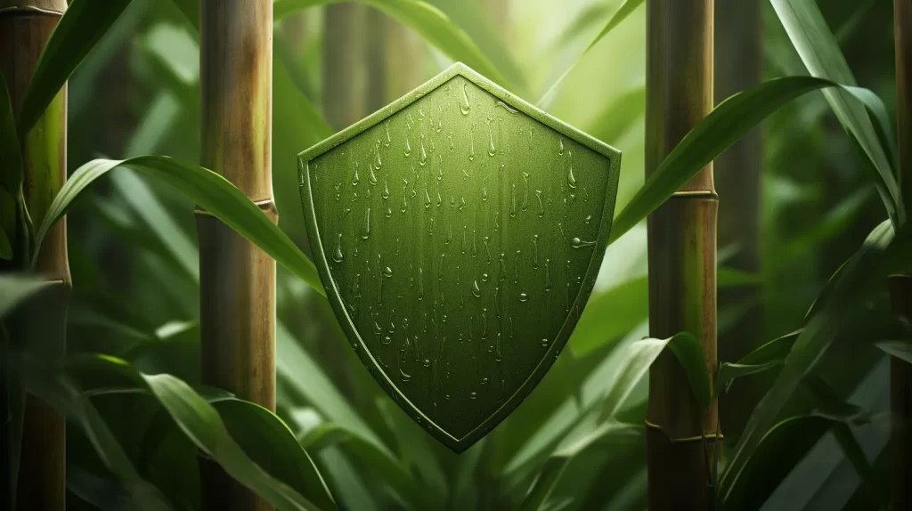 bamboo setting with a green shield in the middle of the image symbolizing the protective nature of bamboo. Are bamboo products antibacterial?