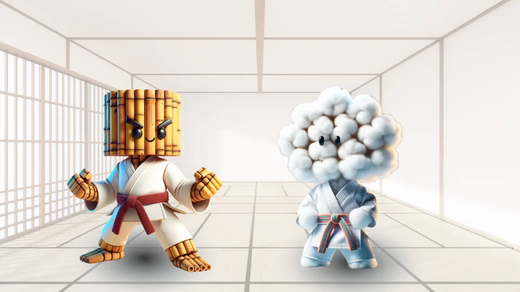 bamboo vs cotton karate cartoon characters facing off in a dojo