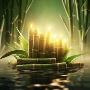 featured image - bamboo candles on a raft of bamboo floating in water