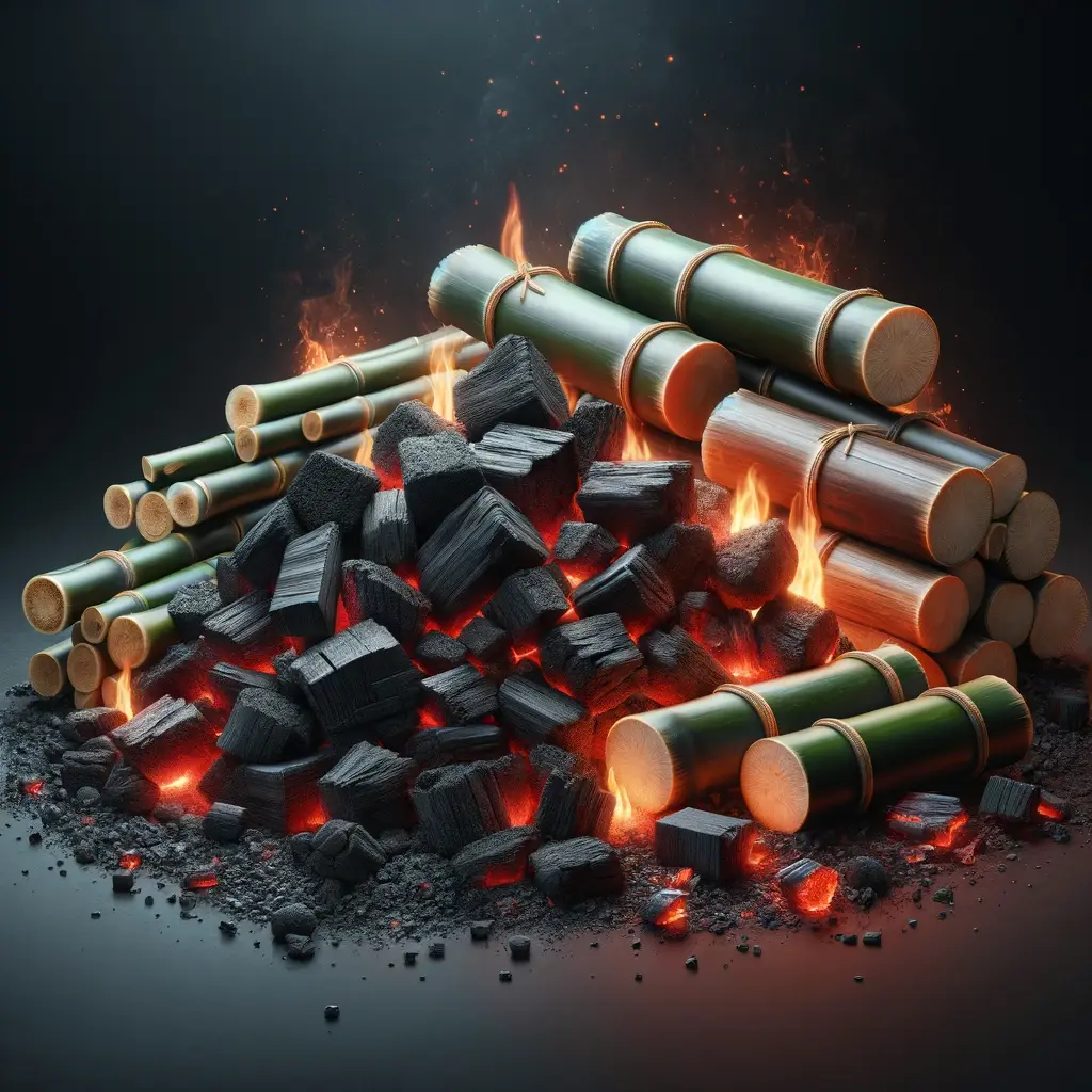 featured image - bamboo charcoal with green bamboo sticks sitting in a pile essentially burning