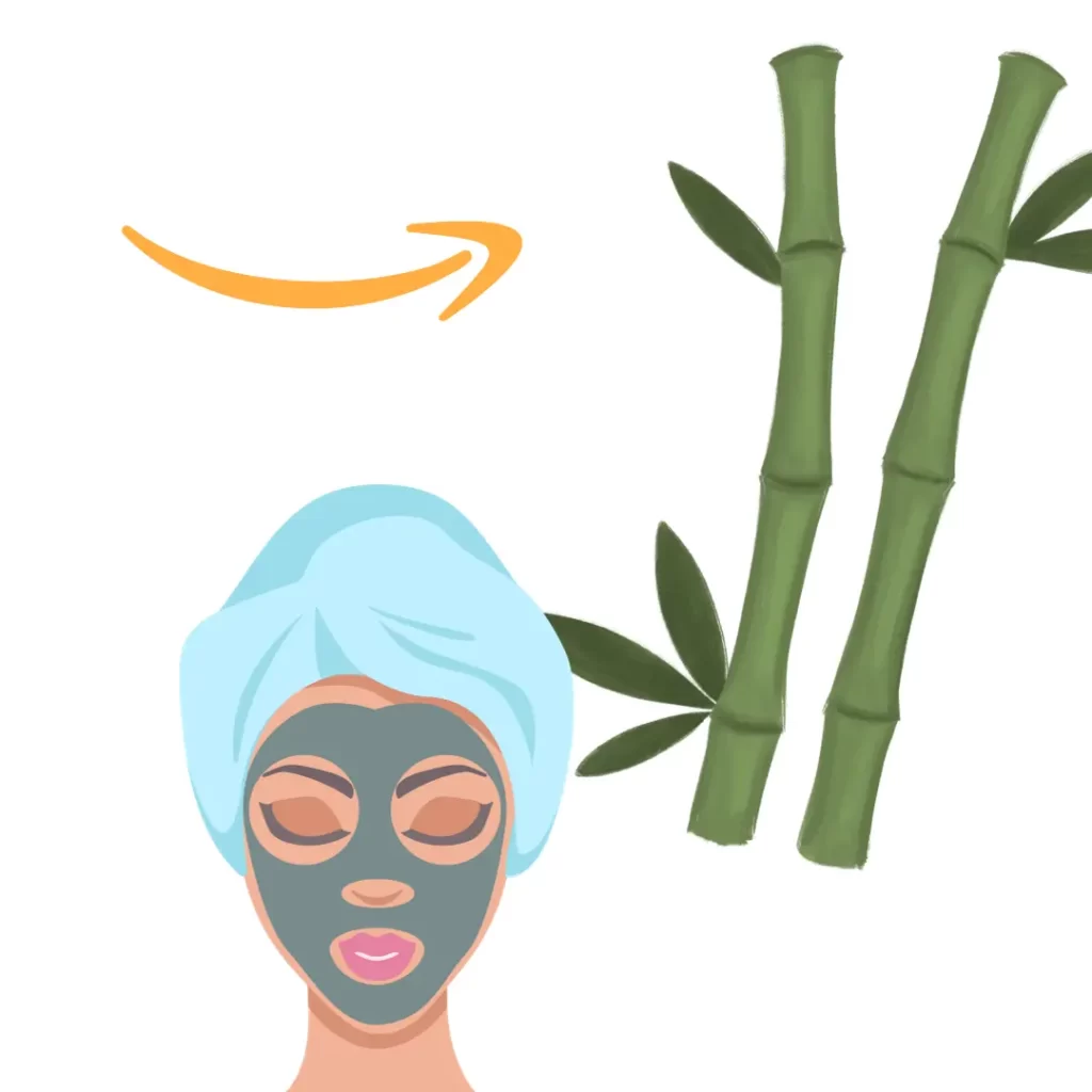 bamboo, a woman with a facial mask applied, and the amazon logo