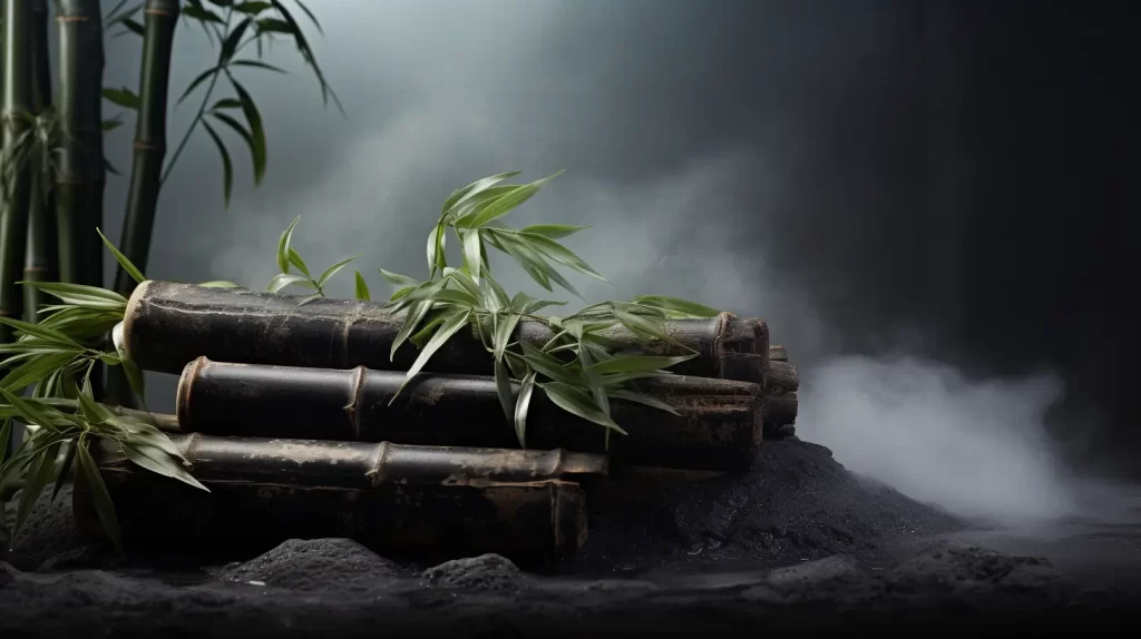 large bamboo logs sitting in a pile of fine bamboo charcoal powder with smoke in the background