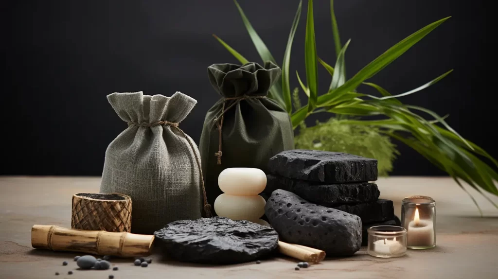 large pieces of bamboo charcoal with tied linen backs in the background, candles along side, and regular shaped white stones in the middle