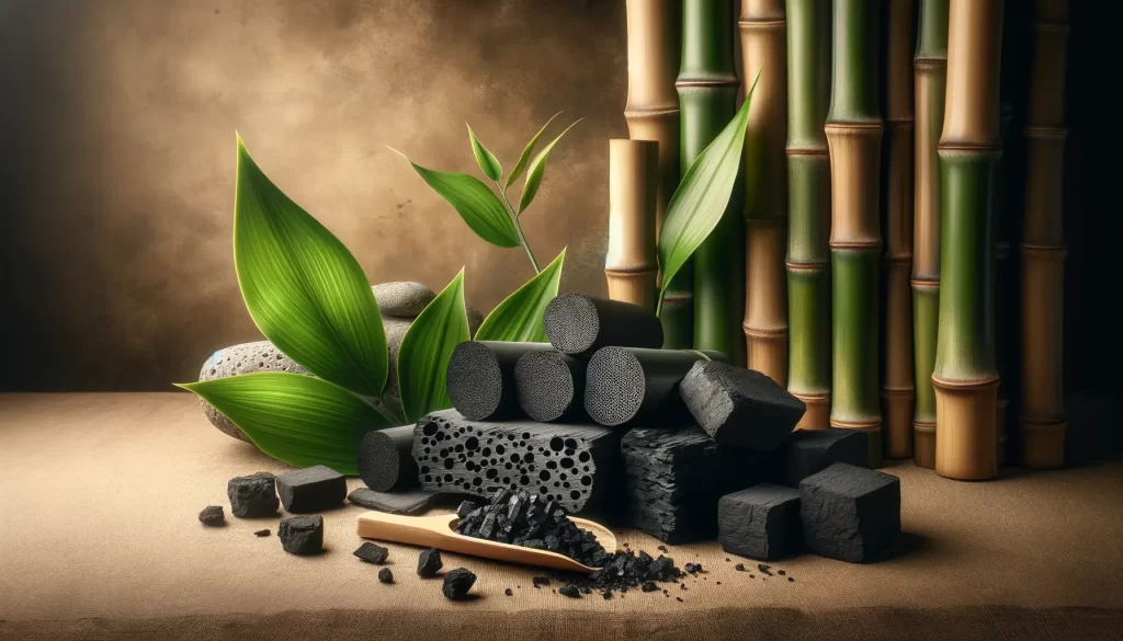 porous bamboo charcoal blocks and cylinders with bamboo leaves and stalks in the background