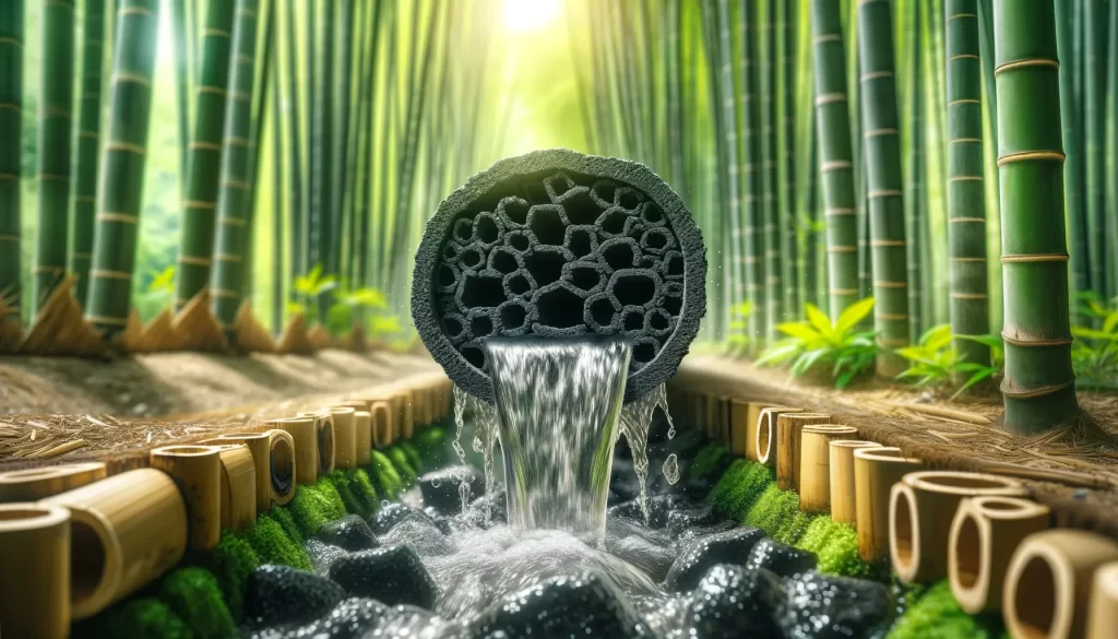 water running through bamboo charcoal being purified with bamboo growing in the background