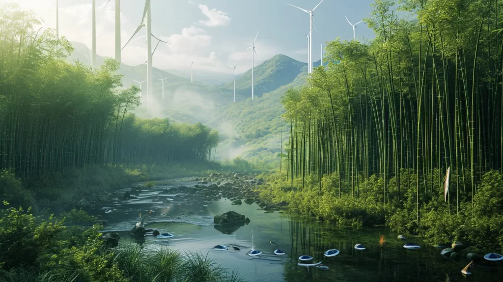 A bamboo forest with a stream running through it and windmills in the background