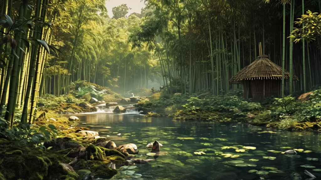 A bamboo hut next to a stream within a bamboo forest