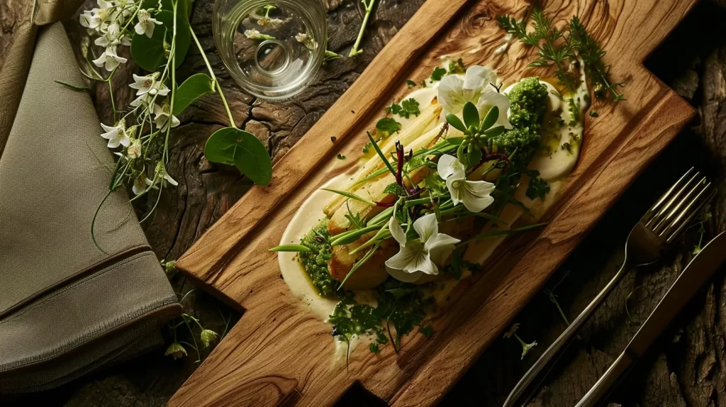 A gourmet edible bamboo themed dish featuring tender bamboo shoots sitting on a bamboo wooden cutting board