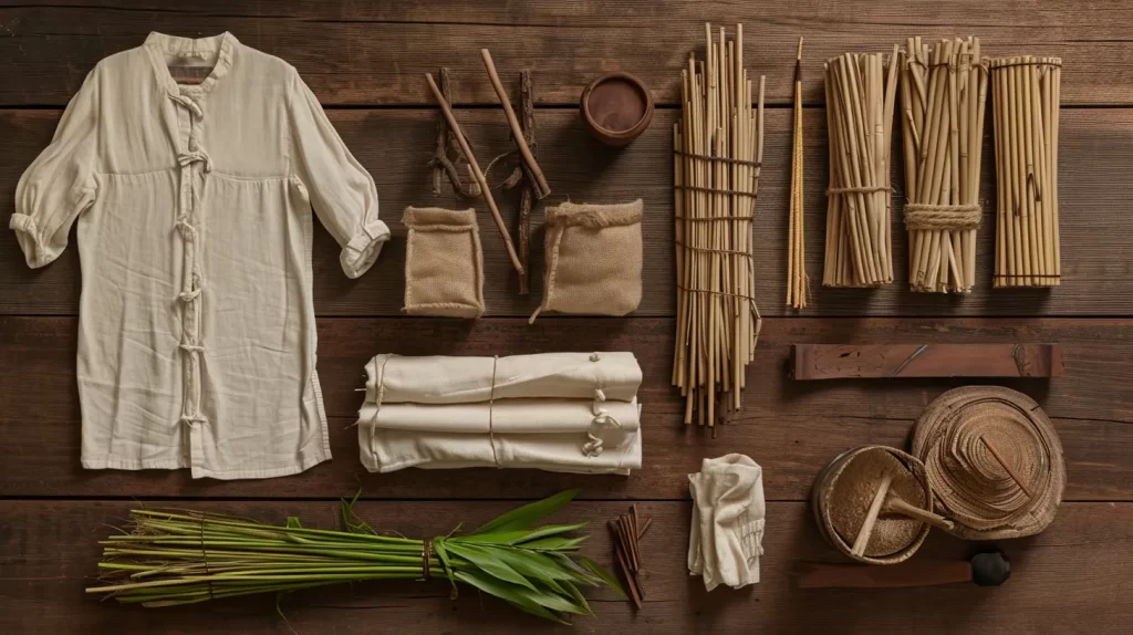 A meticulously arranged ensemble of bamboo clothing items delicately displayed on a warm and inviting wooden backdrop
