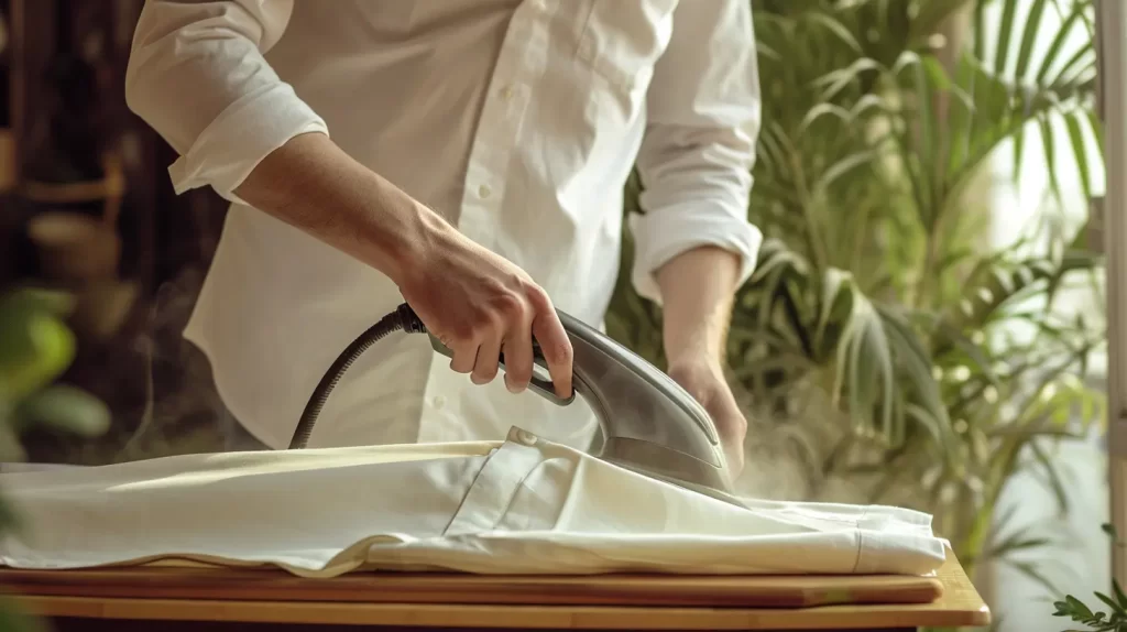 A person meticulously ironing a pristine bamboo shirt on an ironing board