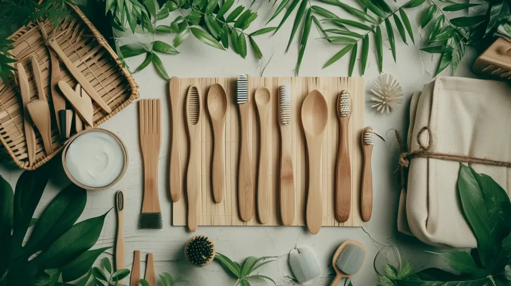An array of bamboo products including bamboo spoons bamboo brushes bamboo linen and bamboo basket