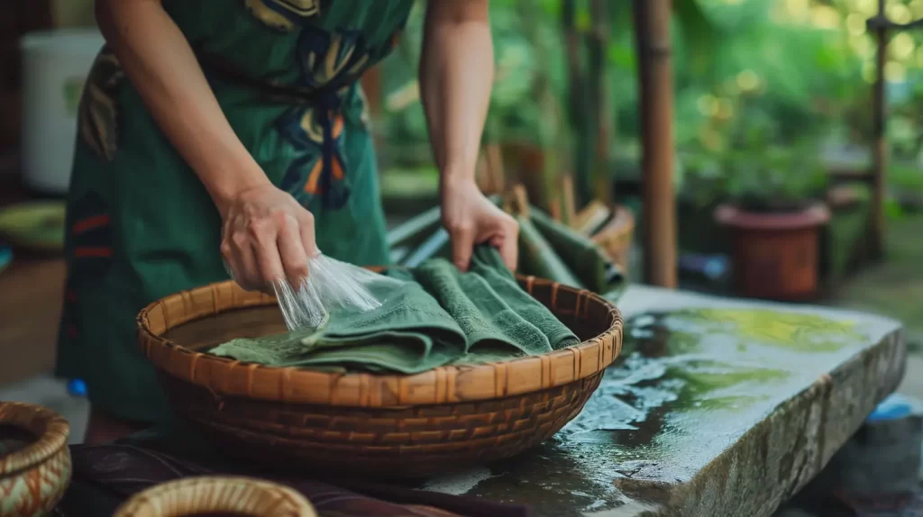 An eco-conscious individual gently tending to their bamboo clothes diligently washing them in a basin filled with environmentally friendly detergent