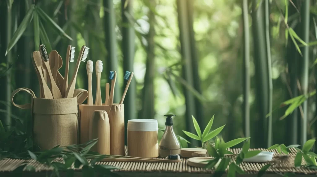 An image of bamboo toothbrushes in bamboo cups and other bamboo toiletries in a bamboo forest setting