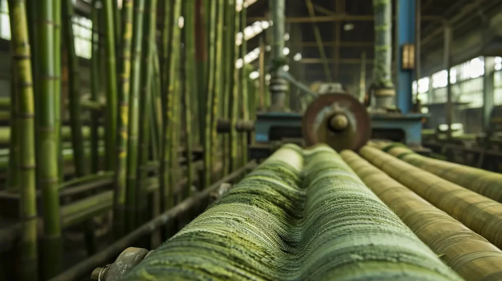 An image of machinery transitioning bamboo into bamboo fabrics with a coarse linen and fibrous fabric being highlighted in the picture